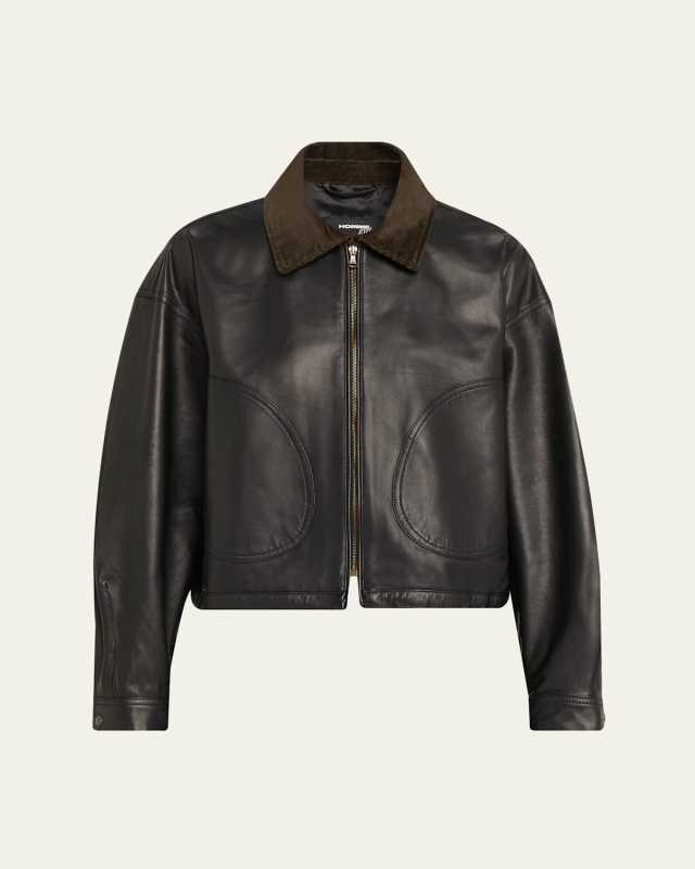 Corduroy-Collar Leather Parachute Jacket